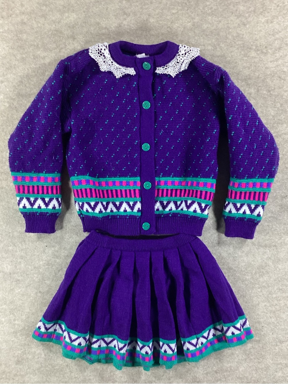 Vintage Hanes Purple Knit Cardigan and Skirt Set with Teal and Pink Accents